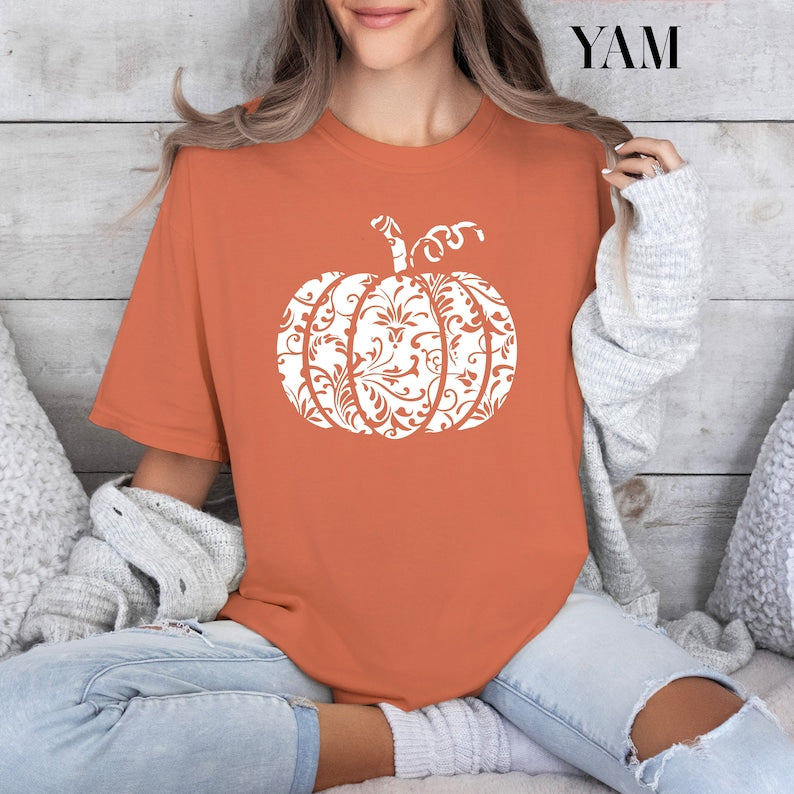 Halloween Pumpkin shirt, Thanksgiving shirt, Fall Pumpkin Shirt, Floral Pumpkin Shirt, Comfort Colors Halloween Graphic Tee, Vintage Tshirt